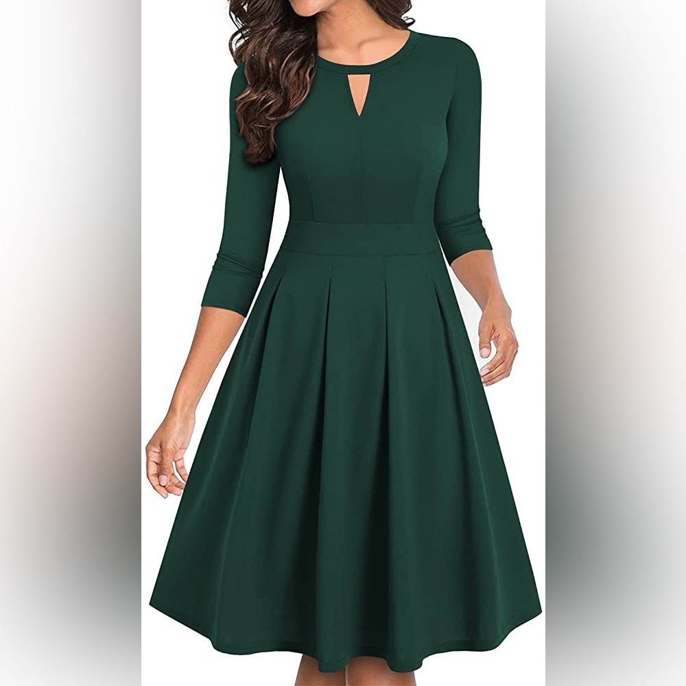 Elegant Dark Green Fit-and-Flare Dress with Keyhole Neck